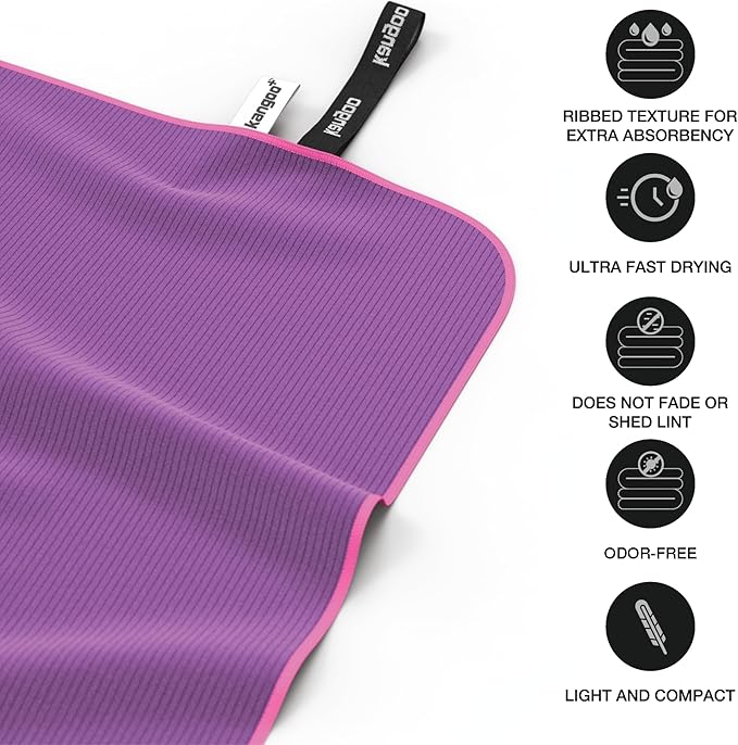 Kangoo Ribbed Microfiber Towel – Super Absorbent and Quick Dry, Suitable for Travel, Beach, Camping, Gym, Pool, Yoga (Purple)
