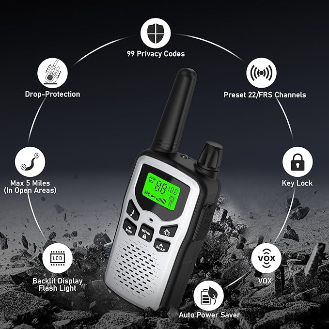 Walkie Talkies,Erelis Long Rang Walkie Talkies with 22 FRS Channels,Walkie Talkies for Adults with Lamp,VOX,LCD Display for Outdoor Activities (Silver)