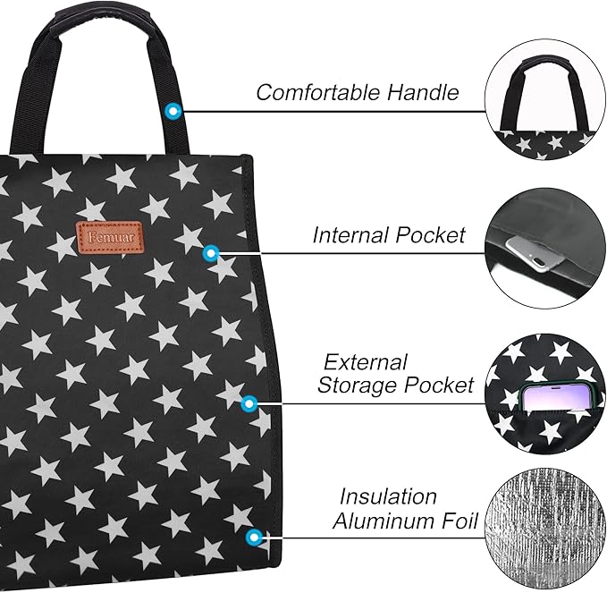 Lunch Bags for Women Insulated Reusable Lunch Tote with Internal Pocket, Lunch Tote bag for Work(Star)