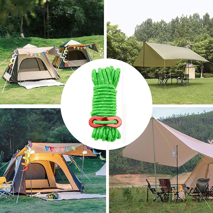 6 Pack 4mm Outdoor Guy Lines Tent Cords Reflective Canopy Wind Rope Lightweight Camping Rope with Aluminum Guylines Adjuster for Tent Tarp, Canopy Shelter, Camping, Hiking, (Bright Green)