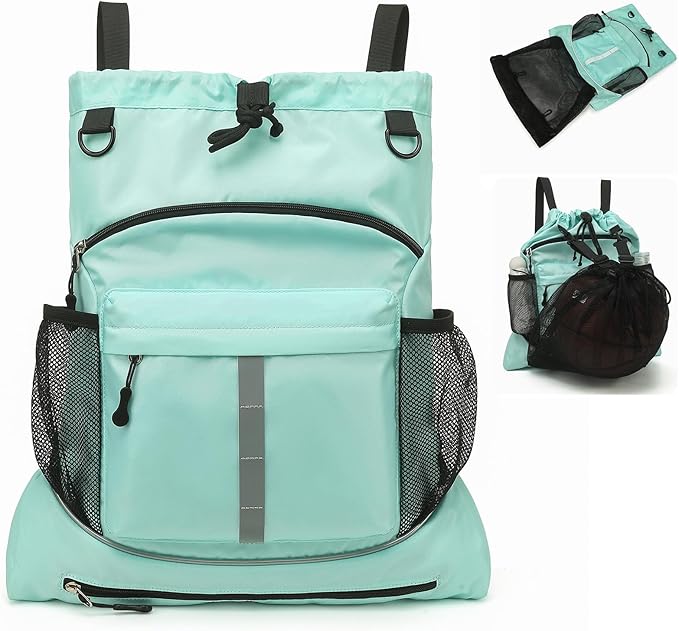Drawstring Backpack, Waterproof Sandproof Beach Backpack for Sport Gear Small Gym Bag with Hidden Ball Net Pocket and Seperated Wet Pocket Draw String Back Bag for Women Men, Green
