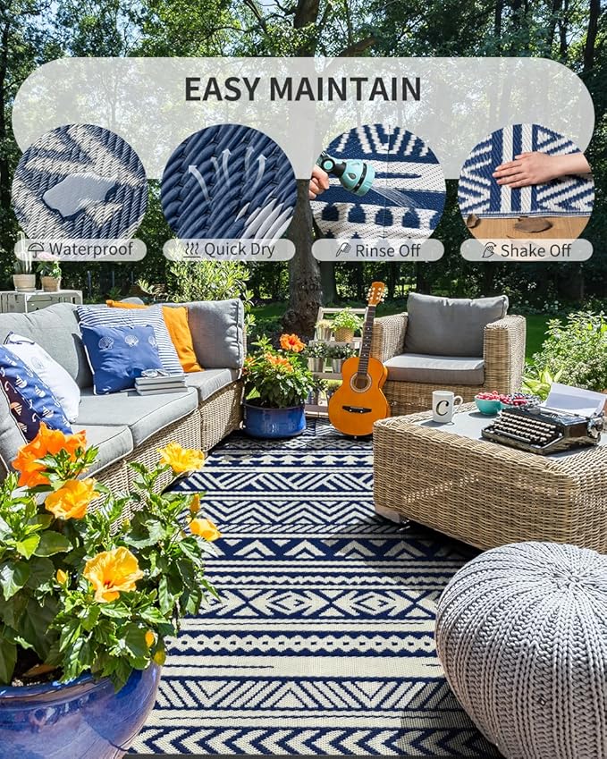 MontVoo Outdoor Rug 8x10 Waterproof Outdoor Patio Rug Mat Reverisble Plastic Straw Outdoor Rug for RV Camping Picnic Beach Balcony Boho Navy Blue