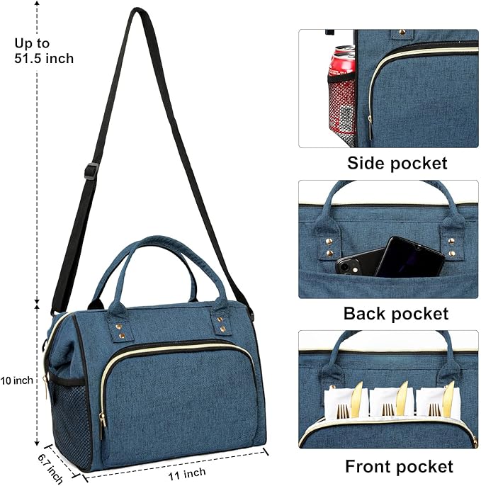 IDEATECH Large Insulated Lunch Bag for Men, Blue, Reusable Cooler Bag with Pockets, Leakproof and Insulation