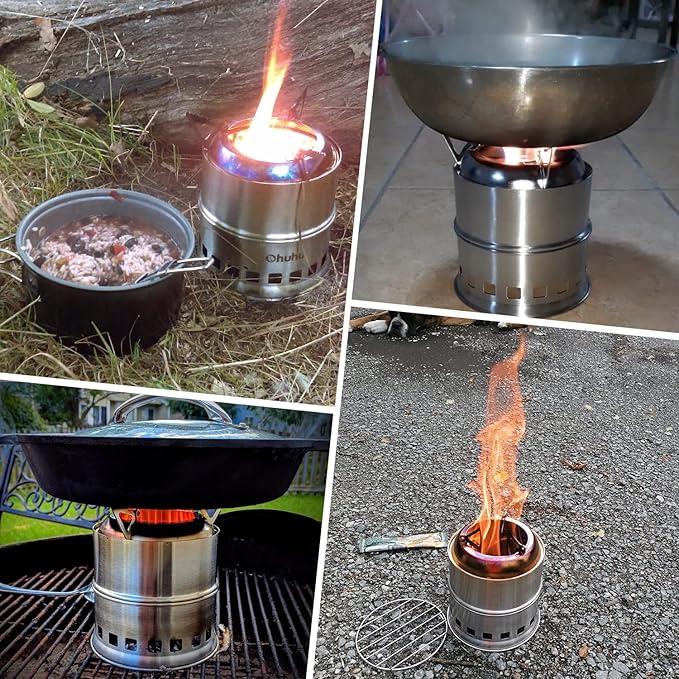 Camping Stove, Ohuhu Camp Stove Wood Burning Stove Stainless Steel Stoves Mini Portable Stove for Camping Picnic BBQ Backpacking Hiking Survival Emergency Cooking Outdoor with Grill Grid Carry Bag