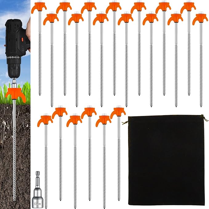 JaGely 20 Pcs 12 Inch Screw in Tent Stakes Heavy Duty Ground Anchors Metal Threaded Tent Spikes Camping Stake Screw in Tent Pegs Screw with Hex Head Driver for Camping Travel Decor Outdoor (Orange)