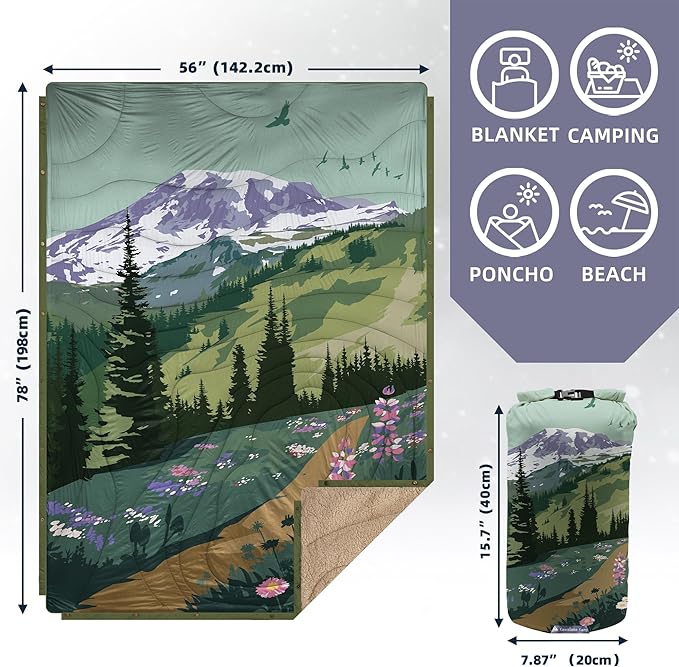 Outdoor Camping Blanket - Puffy Ultralight Packable Blankets for Sleeping, Camp, Travel, Hiking, Stadium, Sherpa Fleece Warm Puffer Portable Camping Quilt, DWR,Machine Washable,56"x 78"