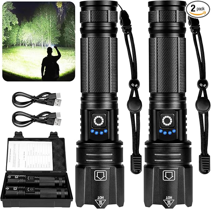 Rechargeable LED Flashlights High Lumens, 2 Pack Super Bright Flash Light with 5 Modes, High Powered Handheld Flashlight for Home Camping Hiking Night Work