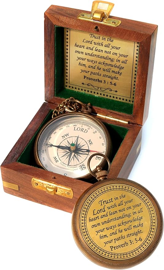Trust in The Lord with All Your Heart -Proverbs 3: 5-6 Quote Engraved Compass with Wooden Box. Greeting Card, Inspirational Gift Men, Christian Boys Baptism Gifts, Graduation Day