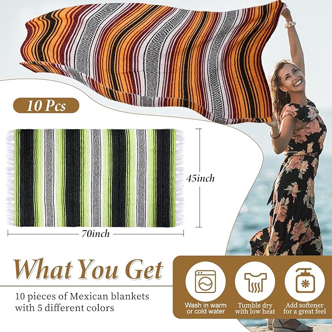 Preboun 10 Pieces Mexican Blanket Bulk Authentic Woven Yoga Blanket Large Picnic Camping Blanket Colorful Striped Serape Blanket for Beach Outdoor Grass Car Home Throw Blanket (Mixed Color)