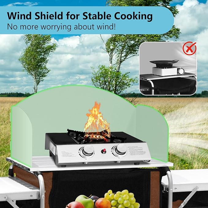 Seeutek Camping Kitchen Table, Aluminum Portable Outdoor Cooking Table, Foldable Camp Table with Windscreen and 3 Storage Cupboards Multifunctional for BBQ, Party, Picnics & Outdoor Brown