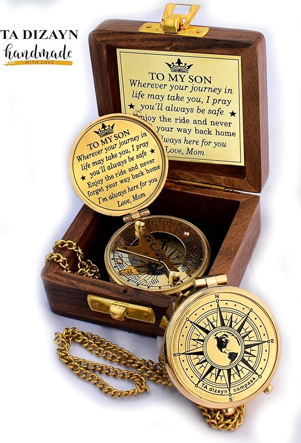 to My Son Compass with Wooden Box-Mom to Son Compass–Father to Son Gifts- to My Grandson -Graduation Day Gifts for Son-Birthday, Baptism, Graduation, Confirmation, Communion Compass for Women Men