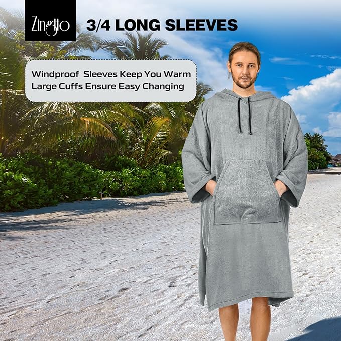 Surf Poncho Changing Robe, 3/4 Sleeve Extra Large Thick Hoodie Towel Poncho for Men Women Beach Swimming, 43" x 35", Gray