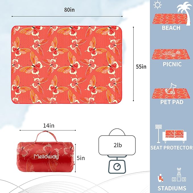 Mellowdy Companion Outdoor Printing Blanket - Waterproof, Wind-Resistant, Warm, Utility Blanket for Camping, Picnic, Stadium, Beach, Gameday, Travel, Foldable with Carrying Bag(Red Butterfly,55x80)