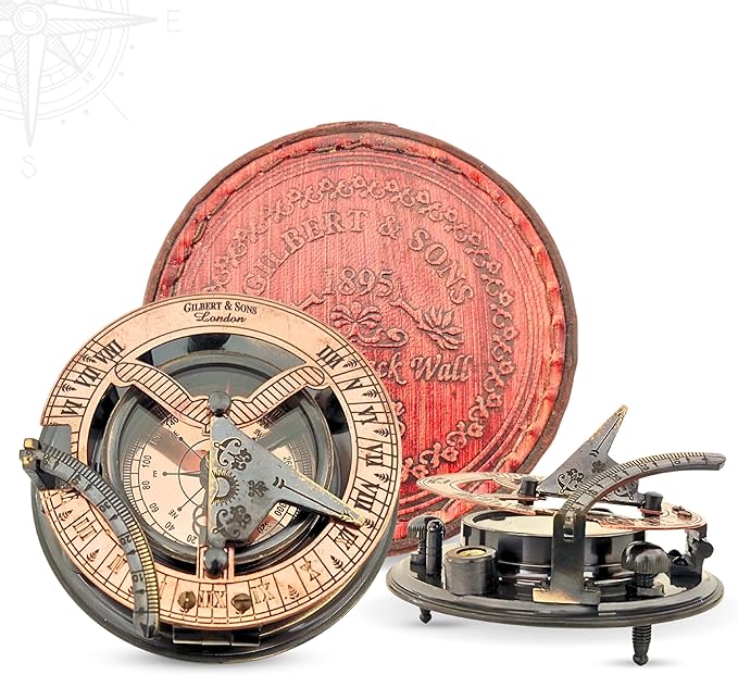 Antique Brass & Copper Sundial Compass, Sundial Clock in Box Gift Sun Clock Ship Replica Watch, Nautical Gifts for Men, Unique Nautical Decor, Naval Maritime Sundial