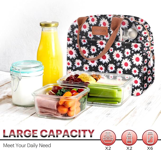 Lunch Bag for Women & Men Adult Insulated Lunch Box, Small Leakproof Cooler Food Lunch Containers Reusable High Capacity Lunch Tote Bags for Work, Travel, Outdoor (Red Flower)