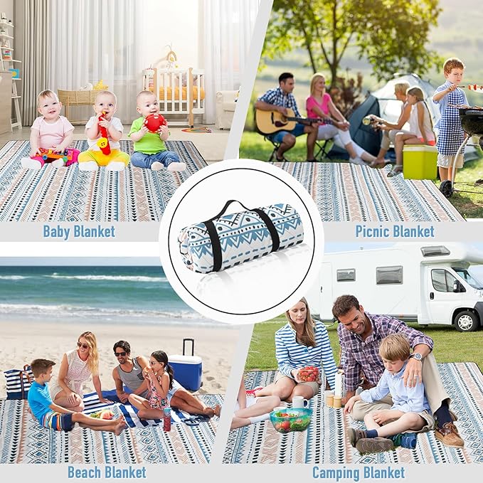 Picnic Blanket Extra Large(79" x 82"), 3-Layer Thickening Camping Blanket, Machine Washable Outdoor Blanket, Wear-Resistant, Soft and Comfortable, Sandproof Beach Mat for Beach, Park, Lawn(Boho Blue)