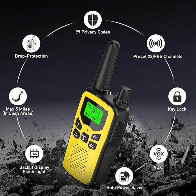 Walkie Talkies,Erelis Long Rang Walkie Talkies with 22 FRS Channels,Walkie Talkies for Adults with Lamp,VOX,LCD Display for Outdoor Activities (Yellow)