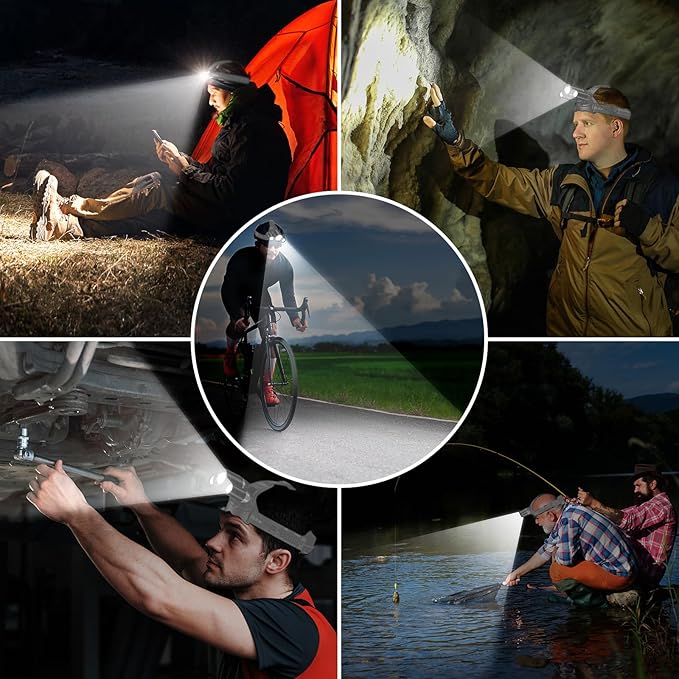 LED Headlamp, 8000L Super Bright Rechargeable Headlight Flashlight - 3 Lights 5 Modes,Zoomable,Spotlight&Floodlight Combination, IPX6 Waterproof, 20+Hrs Runtime for Running,Hiking etc-Gray
