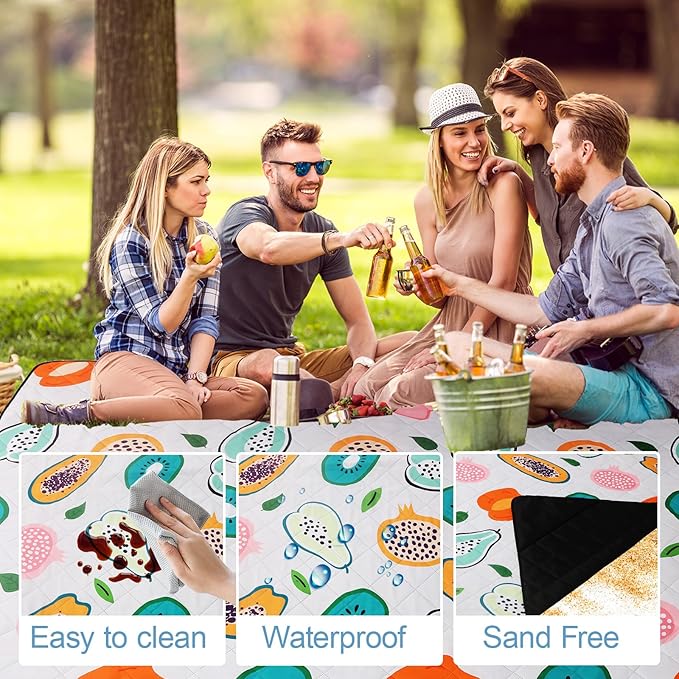 Picnic Blanket Extra Large(79" x 82"), 3-Layer Thickening Camping Blanket, Machine Washable Outdoor Blanket, Wear-Resistant, Soft and Comfortable, Sandproof Beach Mat for Beach, Park, Lawn