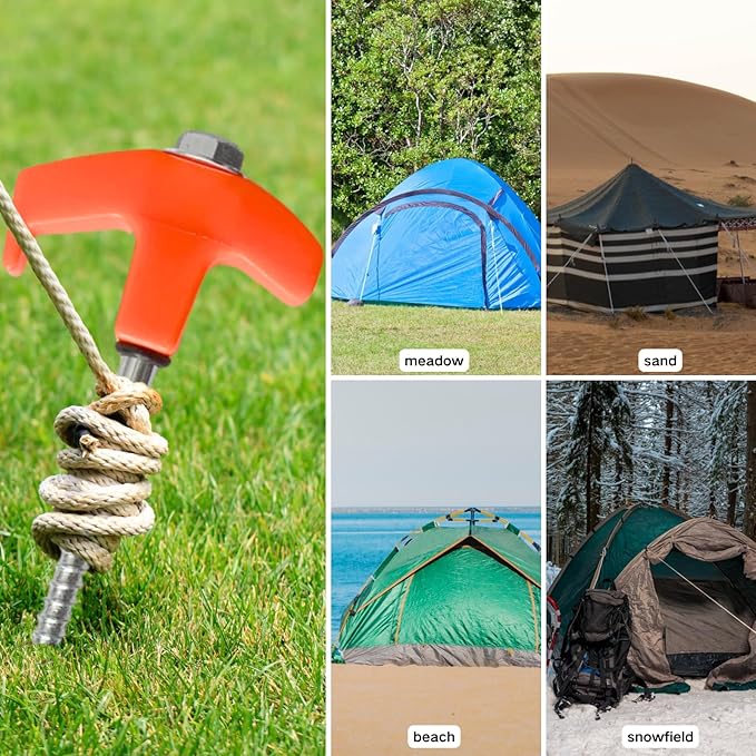 Screw in Tent Stakes, 8" Camping Stakes Non-Rust Heavy Duty Metal Threaded Tent Spikes Tent Peg Ground Stake for Outdoor Camping