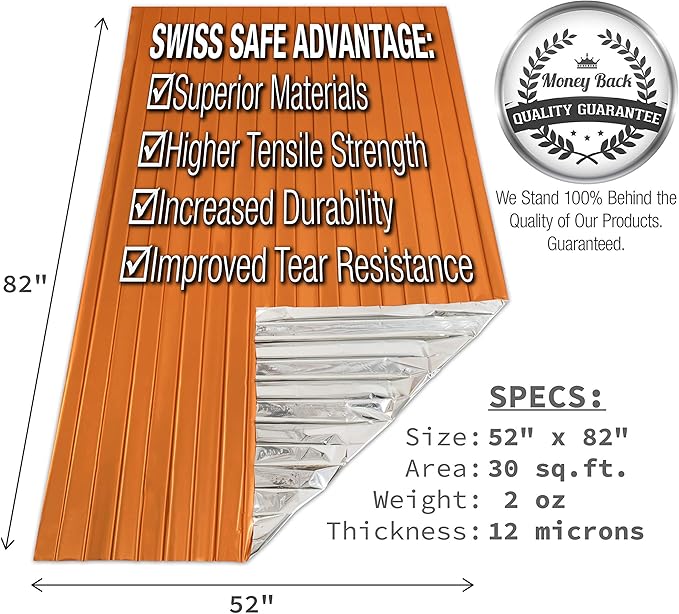 Swiss Safe Emergency Mylar Thermal Blankets + Bonus Space Blanket - Compact & Insulated for Cold Weather - Designed for NASA, Outdoor Camping, Survival, First Aid Car Kit - Orange, 4 Pack