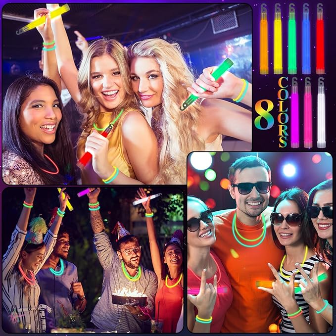 Lenwen 150 Pcs Ultra Bright Glow Sticks in Bulk Glow Sticks 6 Inch Emergency Bright Glow Sticks 8 Inch Glow Necklaces and Bracelets with Connectors for Camping Hiking Parties Survival Kit