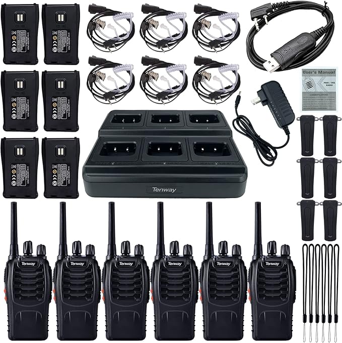 6Pack TW-888S Two Way Radio for Adult Long Range Rechargeable Handheld Walkie Talkie with Air Earpiece and Programming Cable and 6 Way Multi Unit Charger