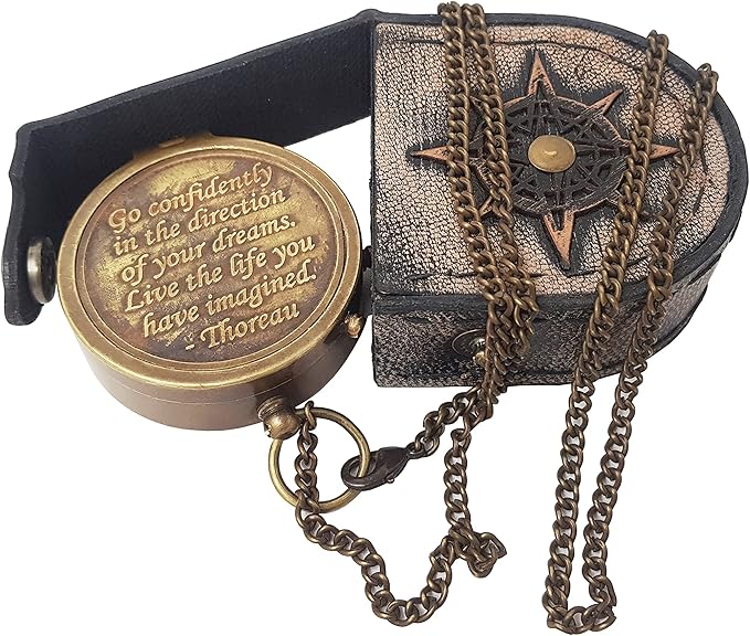 Brass Compass Engraved with Thoreau's Go Confidently Quote and Stamped Leather Case, Boys Gifts