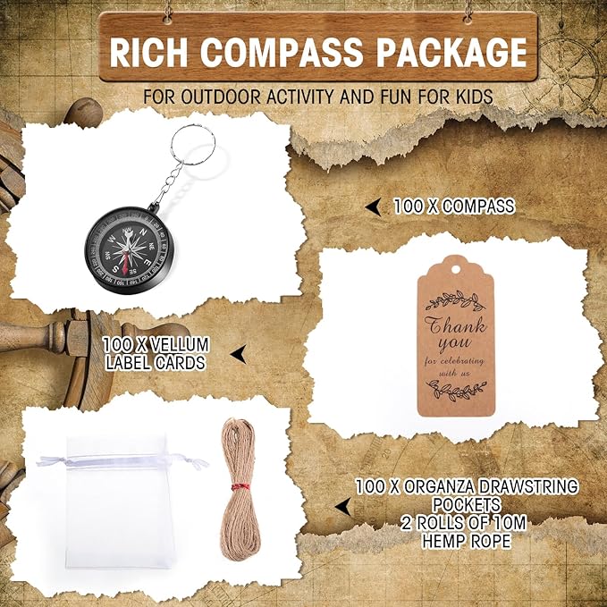 Soaoo 302 Pcs Mini Compass Set,Wedding Favors Set Compass Souvenir Present Nautical with Kraft Tags and White Organza Bag for Guests Birthday Wedding Nautical Travel Party Souvenir Gift Favors