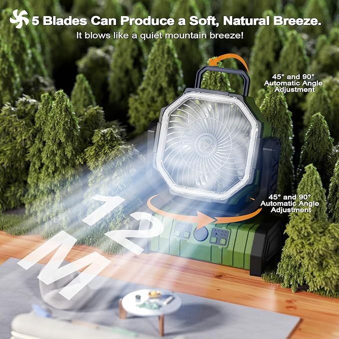 20000mAh Portable Camping Fan Rechargeable with LED Light, Hook, Battery Powered, 4-Speeds, Timer, Remote Control, USB for Travel, Tent, Room, Car, Picnic, Bed, Emergency, Fishing, BBQ - Green
