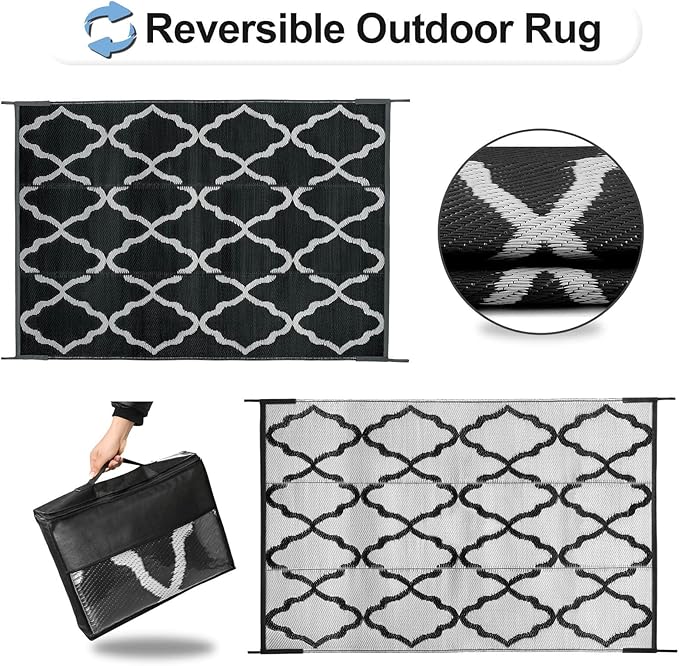 OutdoorLines Outdoor Plastic Area Rugs for Patio 5x8 ft - Reversible Outside Carpet, Stain & UV Resistant RV Mats, Straw Rug for Camping, Deck Garden, Porch and Balcony, Moroccan Black & Light Grey