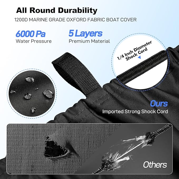 Boat Cover 16-18.5ft, Bass Tracker Boat Cover with Sand Bag Mooring Kit, 1200D Marine Canvas Waterproof Heavy Duty Boat Covers for 16 feet 17ft 18' Foot V Hull Bass & Runabout Boat,Black