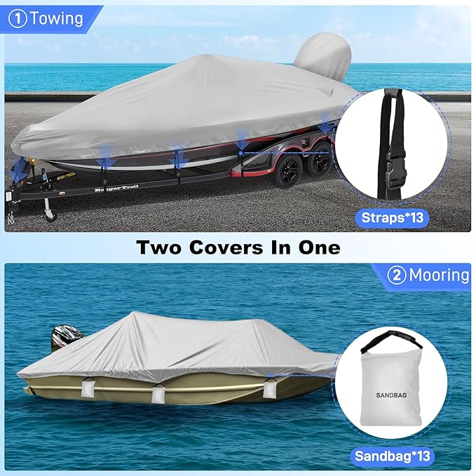 Boat Cover 14-15.8ft, Bass Tracker Boat Cover with Sand Bag Mooring Kit, 1200D Marine Canvas Waterproof Heavy Duty Boat Covers for 14 feet 15ft 16' V Hull Bass & Runabout Boat,Gray
