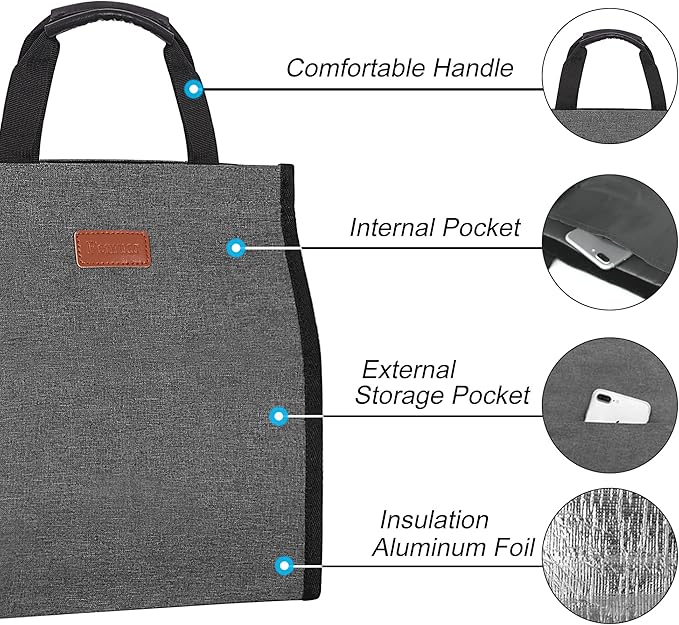 Lunch Bags for Women Insulated Reusable Lunch Tote with Internal Pocket, Lunch Tote bag for Work (Charcoal Grey)