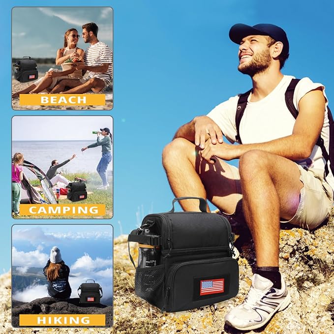 ATRIPACK 2 Compartment Lunch Bag for Men Adult, Tactical Lunch Box Leakproof Insulated Large Cooler Bag for Work with Adjustable Shoulder Strap Flag Double Layer Lunch Pail(Black)