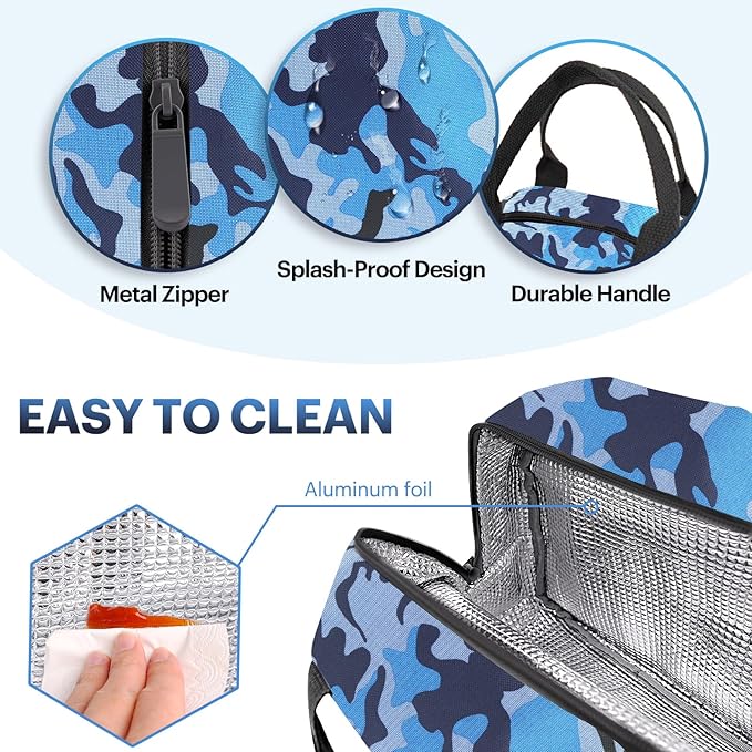 Lunch Bag for Women & Men Adult Insulated Lunch Box, Small Leakproof Cooler Food Lunch Containers Reusable High Capacity Lunch Tote Bags for Work, Travel, Outdoor (Blue Camo)