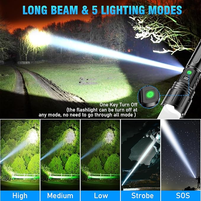 Flashlights 20000 High Lumens Rechargeable - 1500 Meters Long Beam Super Bright LED Flash Light with Power Display & IPX5 Waterproof for Camping, 20H Runtime,5 Modes,Zoomable with Belt Holsters