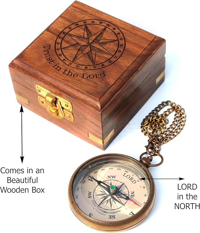 Trust in The Lord with All Your Heart -Proverbs 3: 5-6 Quote Engraved Compass with Wooden Box. Greeting Card, Inspirational Gift Men, Christian Boys Baptism Gifts, Graduation Day