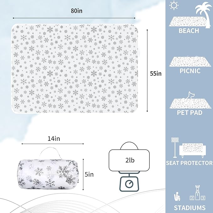 Mellowdy Companion Outdoor Printing Blanket - Waterproof, Wind-resistant, Warm, Utility Blanket for Camping, Picnic, Stadium, Beach, Gameday, Travel, Foldable with Carrying Bag (Snowflakes,55x80 inch)