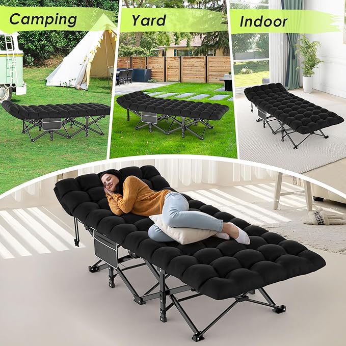 Suteck Camping Cot, Folding Camping Cot Bed for Adults Sleeping 1200D Double Layer Oxford Portable Folding Outdoor Cots for Camping W/Soft Pad Carry Bag for Home Office Nap Beach Travel
