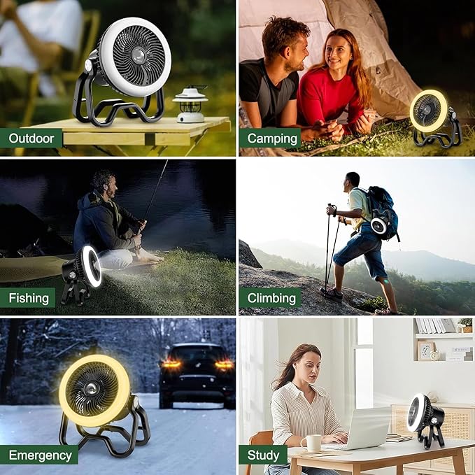 Portable Rechargeable Camping Fan with LED Lantern-40Hrs, Battery Operated Oscillating Fan with Remote, 3 Speeds for Tents, Outdoor, RV, Outage(Black)
