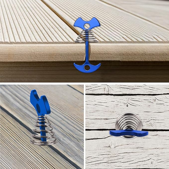 Tent Stakes, 8Pcs Fishbone Deck Anchor Pegs, Aluminium Alloy Fishbone Rope Tensioner Kit, Windproof Ultralight Plank Board Tent Stakes, Spring Anchor Guyline Cord Adjuster for Camping Hiking (Blue)