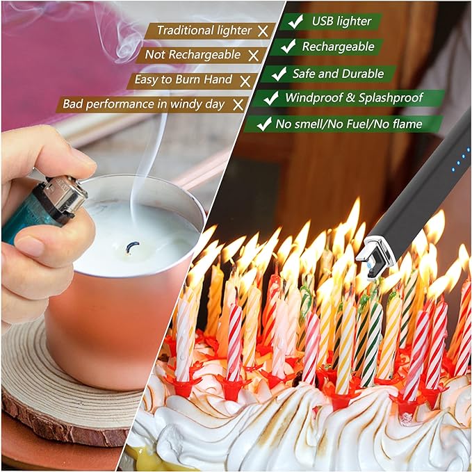 MEIRUBY Lighter Electric Candle Lighter Long Electronic Rechargeable USB Lighter Arc Windproof Flameless Lighters for Candle Camping BBQ Birthday Women's Day Gifts for Women Mom Wife Men, Balck