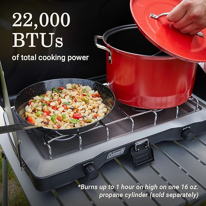 Coleman Triton 2-Burner Propane Stove, Portable Camping Cooktop with 2 Adjustable Burners & Wind Guards, 22,000 BTUs of Power