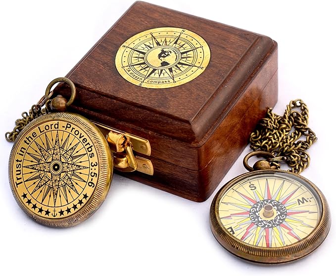 Trust in The Lord with All Your Heart -Proverbs 3: 5-6 Quote Engraved Compass with Wooden Box, Birthday, Baptism, Communion, Christmas, Graduation Day Gifts 2025 Compass for Women Mens Boy Girls