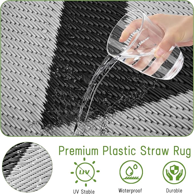 Easy-Going Reversible Outdoor Rugs 9x12ft Waterproof Plastic Straw Rug Stain & UV Resistant Floor Mat for Patio Porch RV Backyard Pool Deck Picnic Beach Trailer Camping (Waved Black & Light Grey)