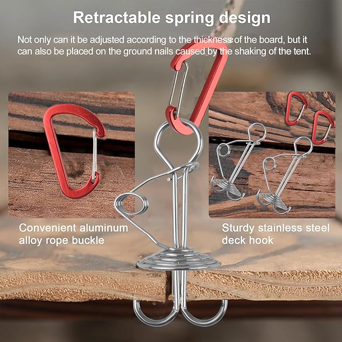 Morobor Deck Anchor Pegs, 10 PCS Windproof Aluminium Alloy Tent Stakes with Spring Red Buckle, Portable Double Ring Ground Anchor Pegs for Camping Hiking Fishing