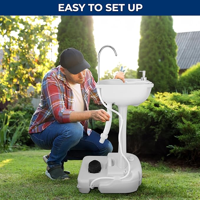 SereneLife Portable Camping Sink w/Towel Holder & Soap Dispenser-19L Water Capacity Hand Wash Basin Stand w/Rolling Wheels-for Outdoor Events, Gatherings, Worksite & Camping- SLCASN18, Standard, White