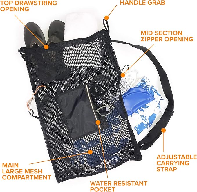 Fitdom Large Mesh Swim Drawstring Sling Bag. Best for Swimming, Gym & Beach