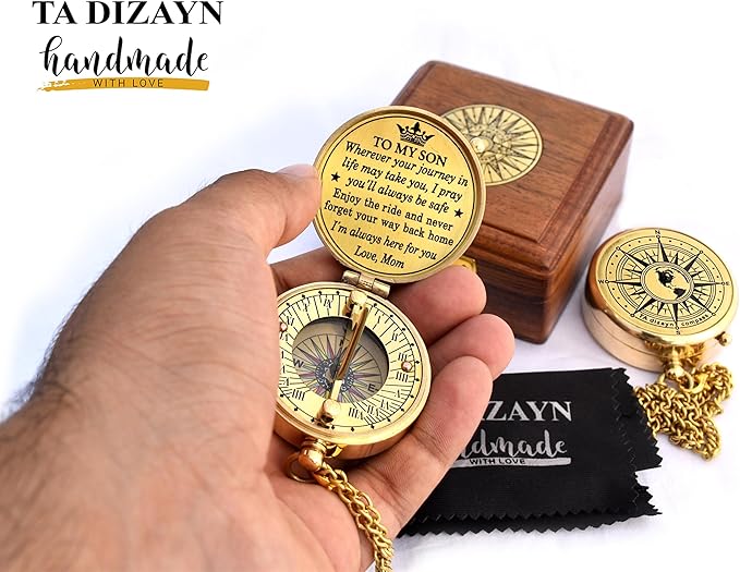 to My Son Compass with Wooden Box-Mom to Son Compass–Father to Son Gifts- to My Grandson -Graduation Day Gifts for Son-Birthday, Baptism, Graduation, Confirmation, Communion Compass for Women Men